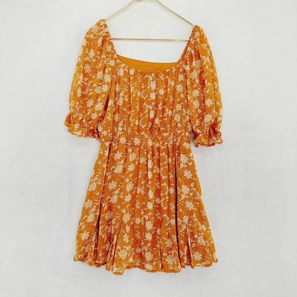 Trixxi Floral Orange Ruched Flowy Mini Square Neck Off Shoulder Dress P4576 - Picture 4 of 7